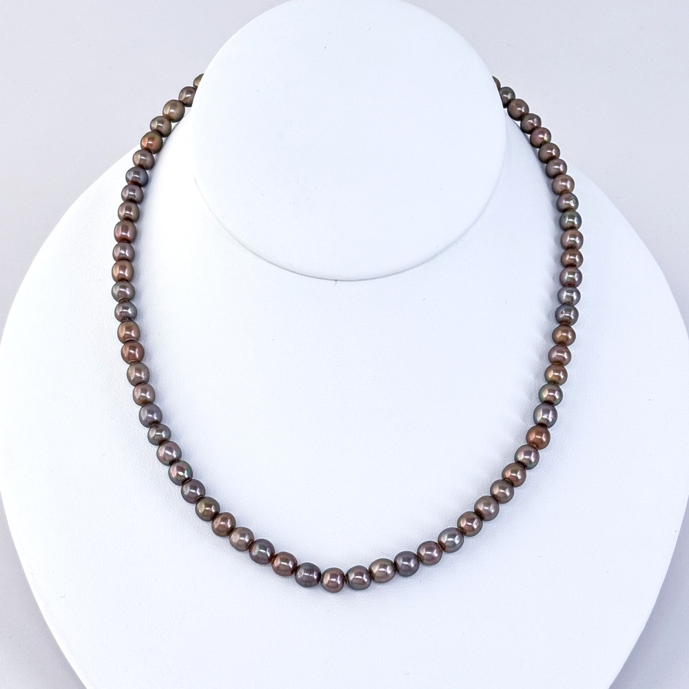 Vintage Sterling Silver 925 5.6mm Chocolate Pearl Bead Necklace 16.5”
